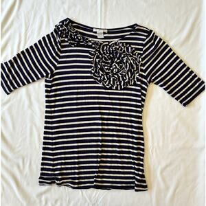Design History Striped Blue And White Top Embroidered Floral Top Size L